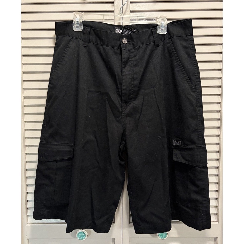 Vtg Red Ape Y2K Cargo Pockets Shorts Logo Size 36 High‎ Rise Black Hip Hop 90s